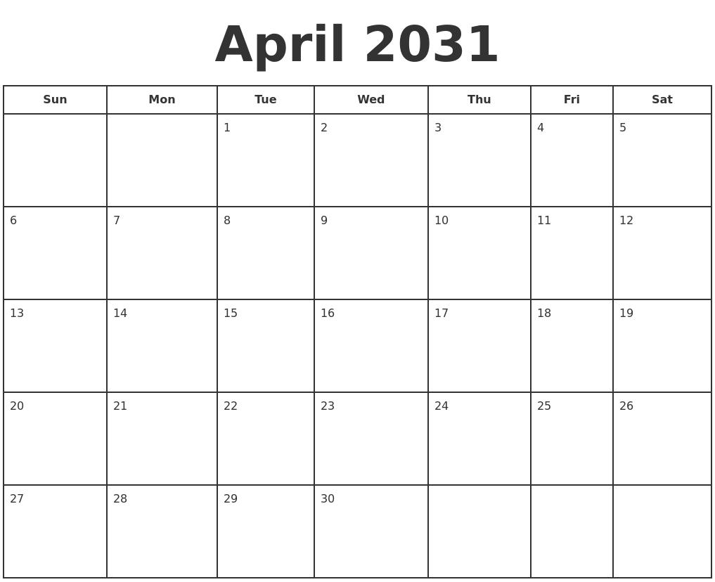 April 2031 Print A Calendar