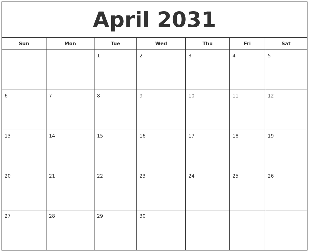 April 2031 Print Free Calendar