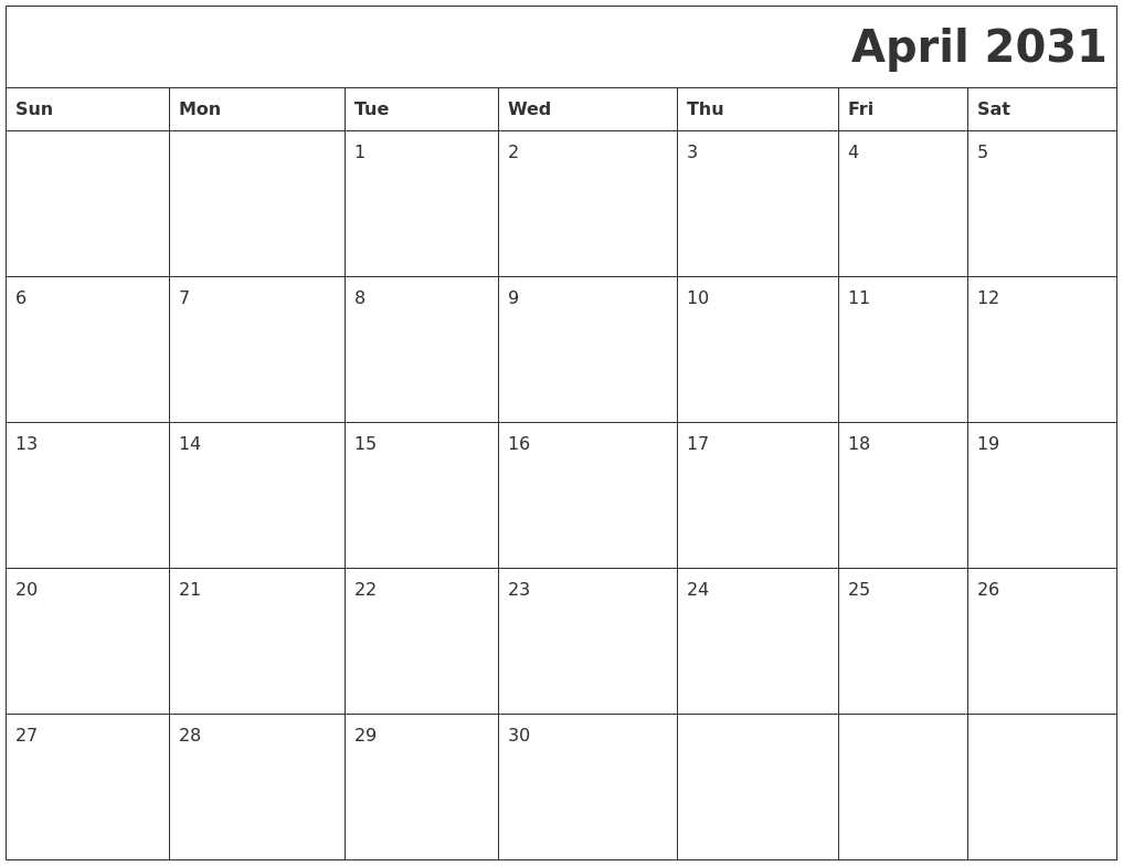 April 2031 Printable Calender