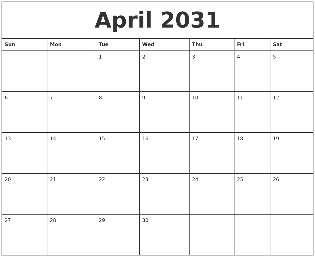 April 2031 Printable Monthly Calendar