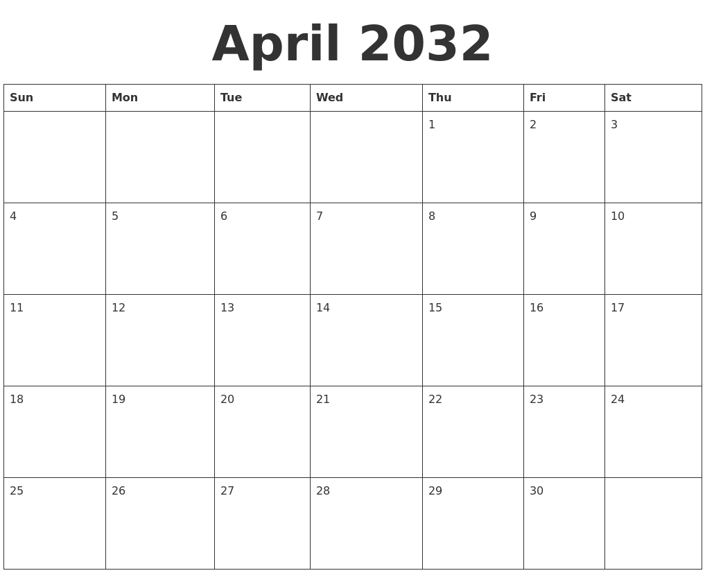 April 2032 Blank Calendar Template