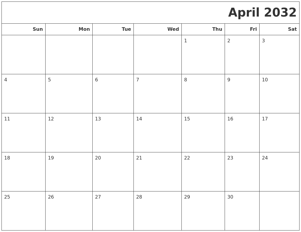 April 2032 Calendars To Print