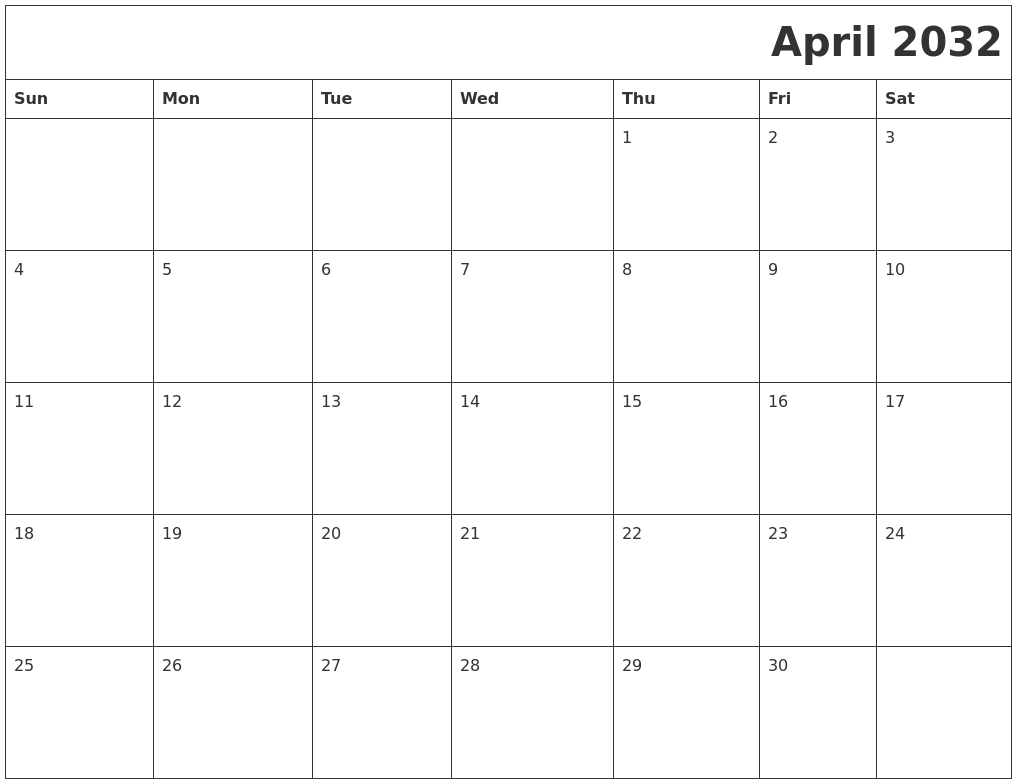 April 2032 Download Calendar