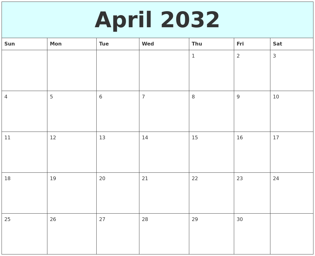 April 2032 Free Calendar