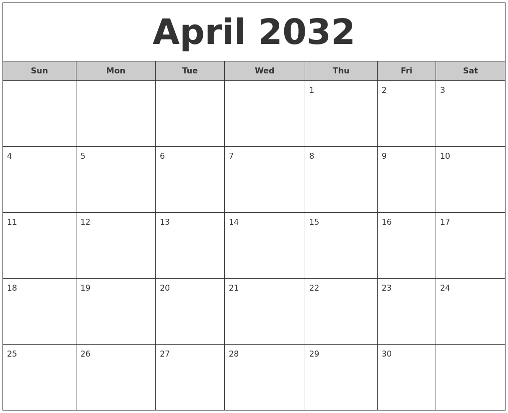 April 2032 Free Monthly Calendar