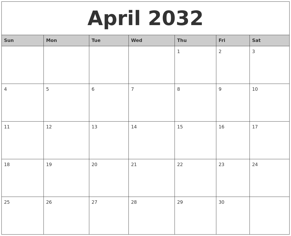April 2032 Monthly Calendar Printable