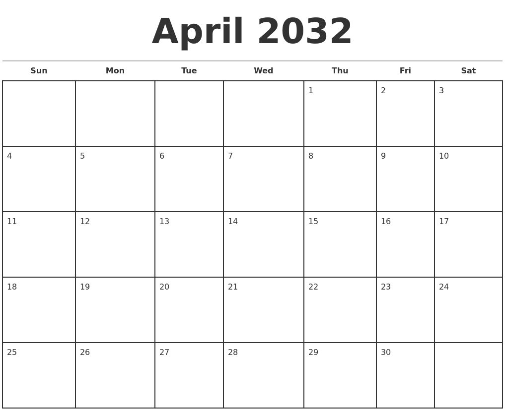 April 2032 Monthly Calendar Template