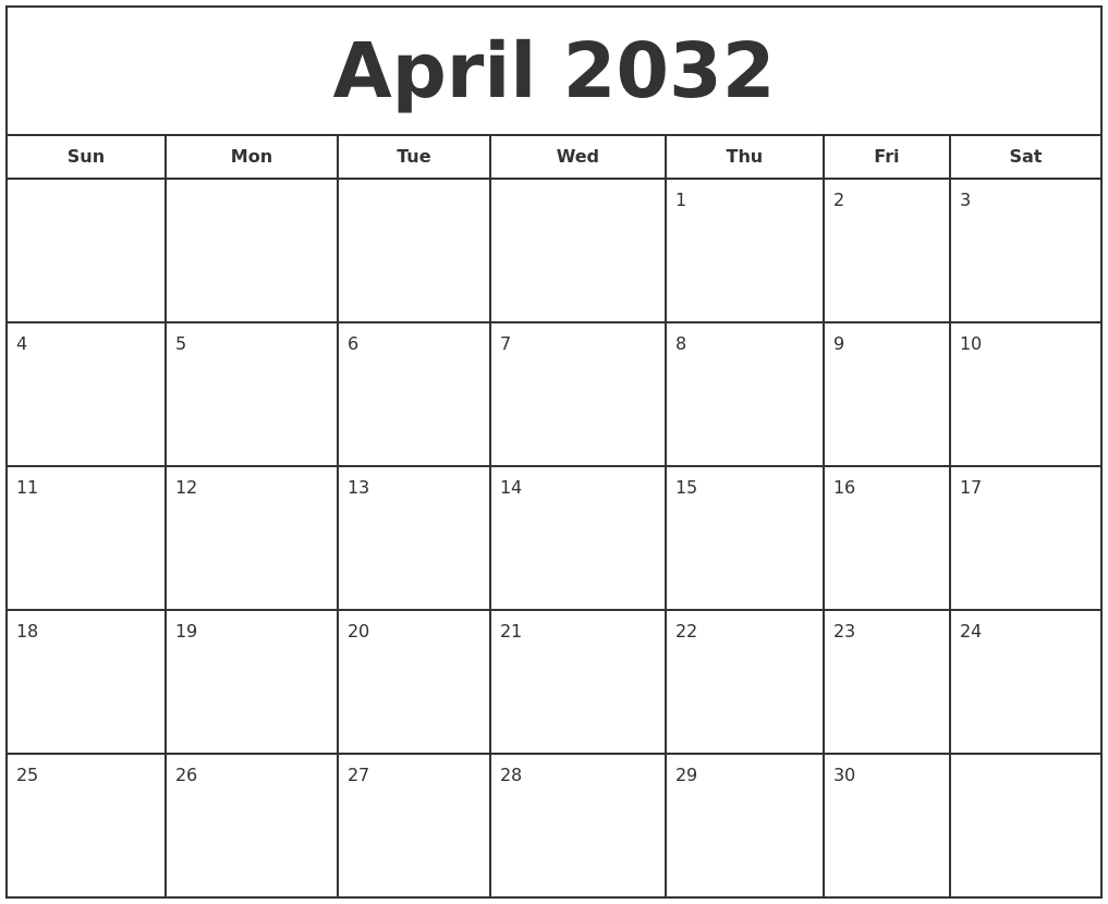 April 2032 Print Free Calendar