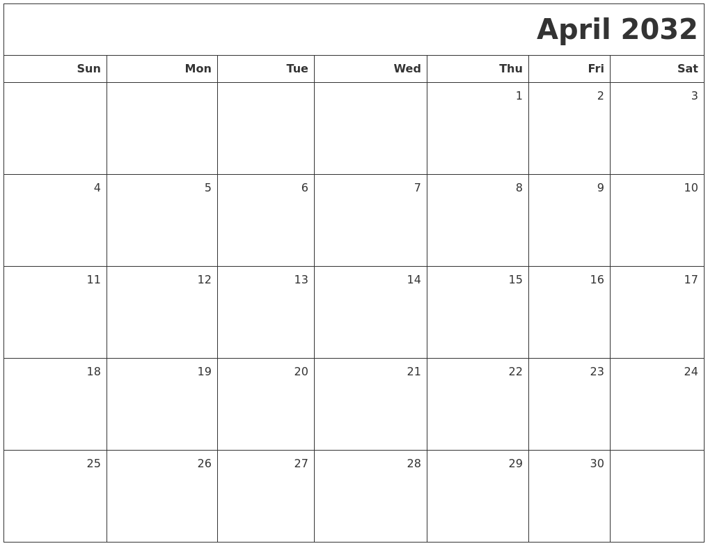 April 2032 Printable Blank Calendar