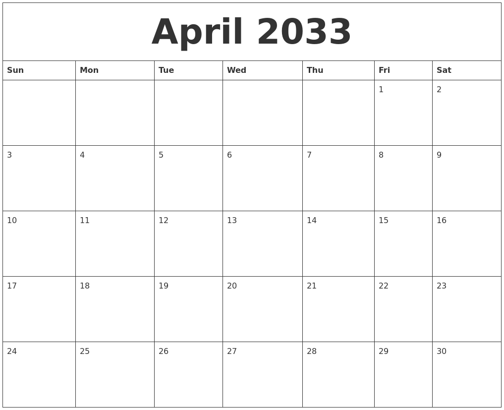 April 2033 Birthday Calendar Template