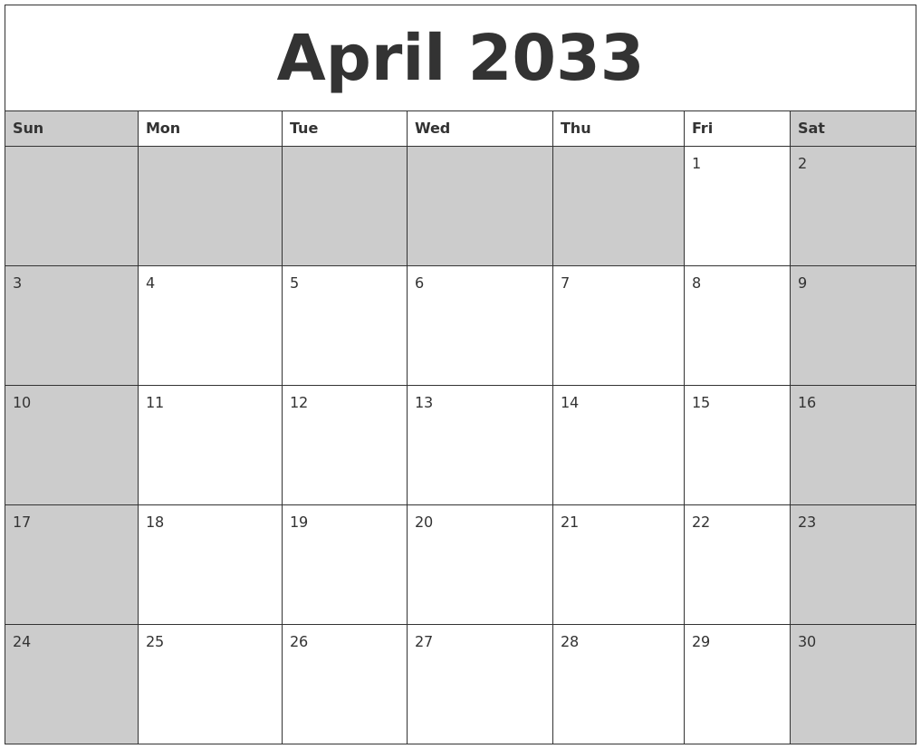 April 2033 Calanders