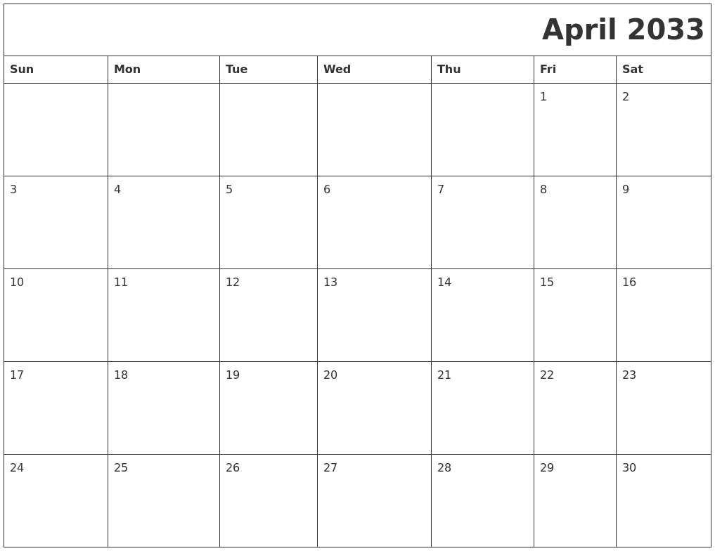 April 2033 Download Calendar