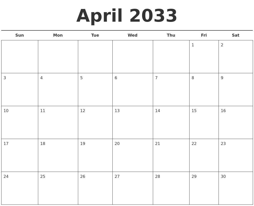 April 2033 Free Calendar Template
