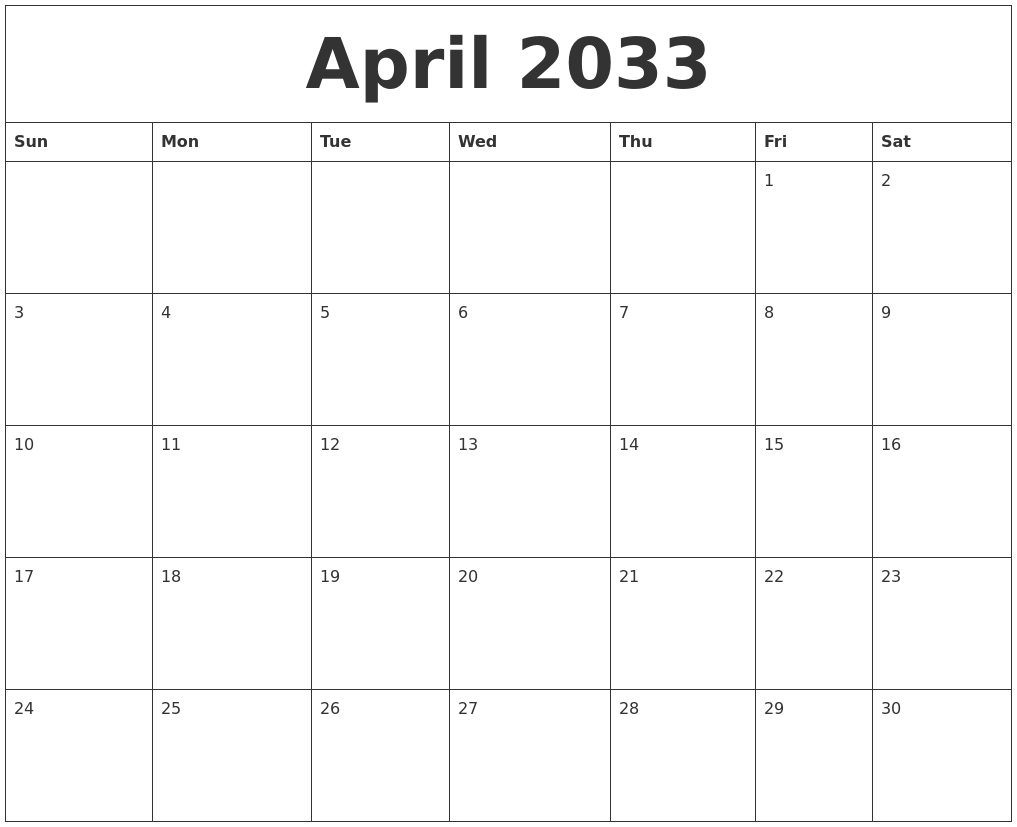 April 2033 Free Calenders