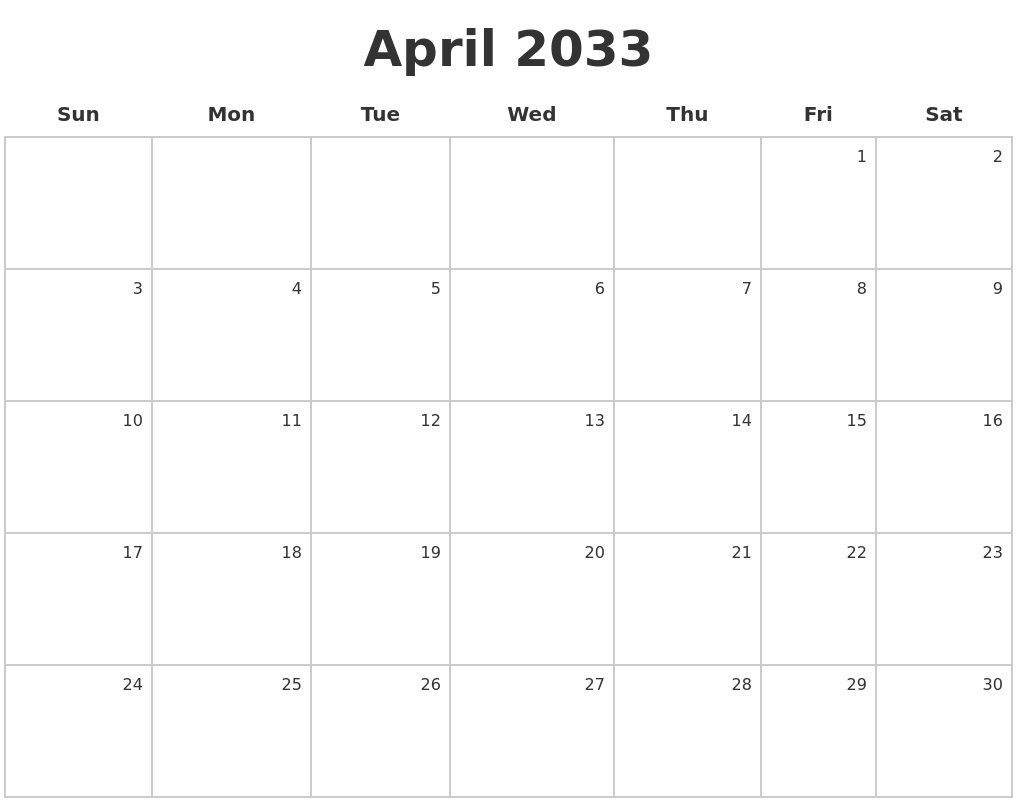 April 2033 Make A Calendar