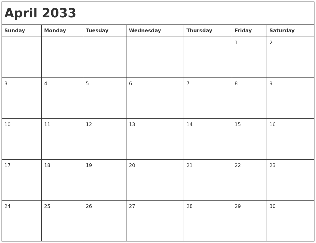 April 2033 Month Calendar