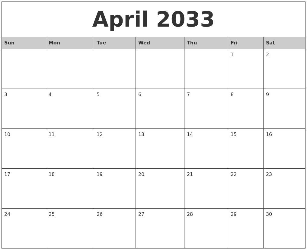 April 2033 Monthly Calendar Printable