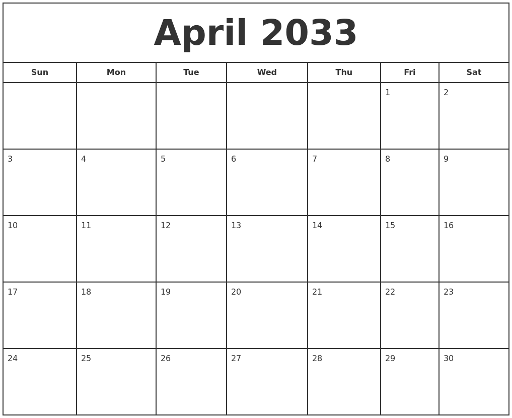 April 2033 Print Free Calendar