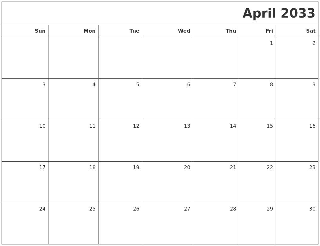April 2033 Printable Blank Calendar