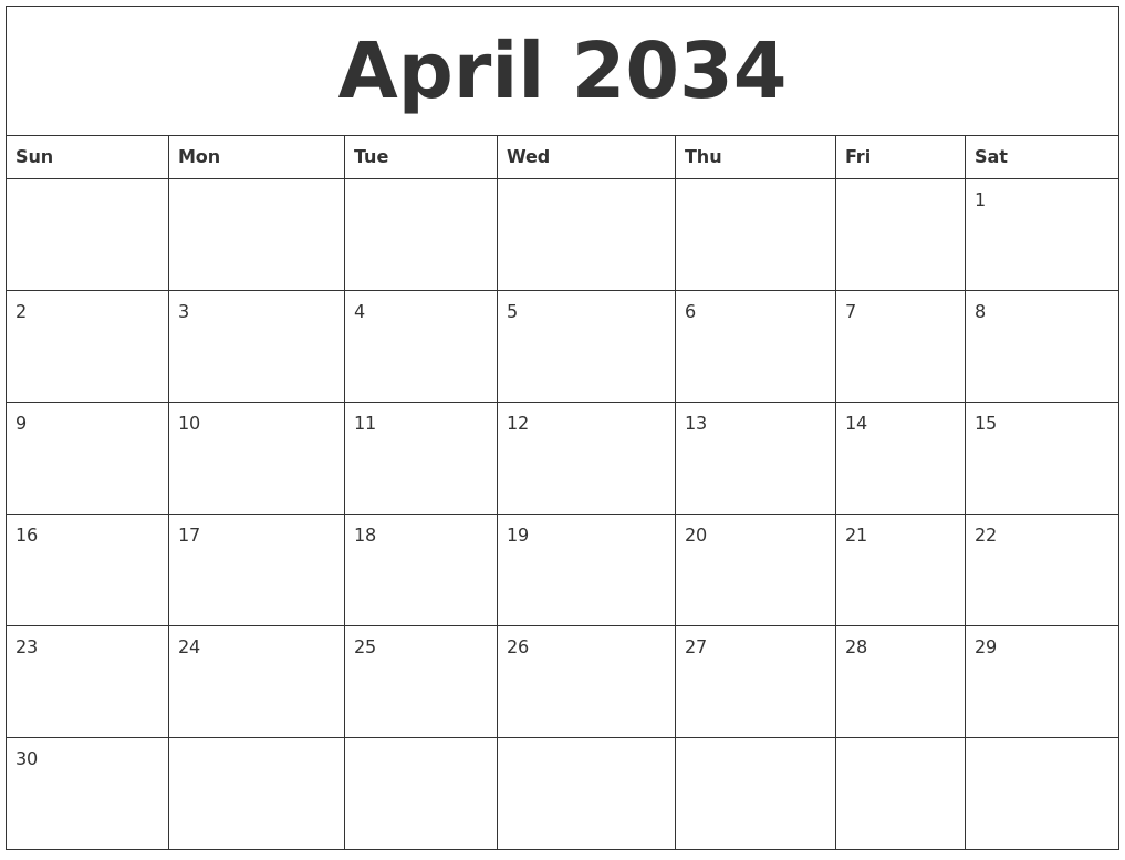 April 2034 Birthday Calendar Template