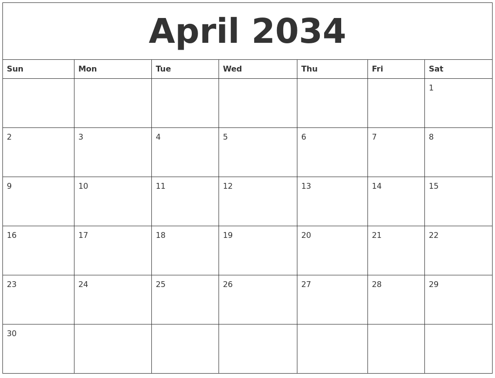 April 2034 Blank Monthly Calendar Pdf