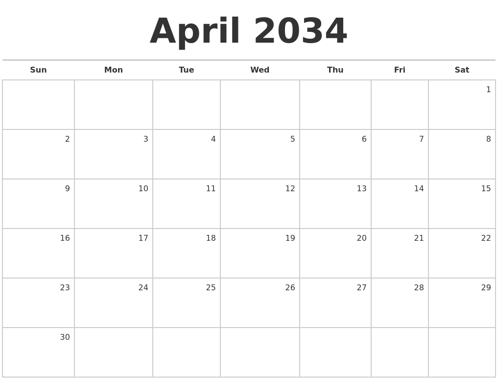 April 2034 Blank Monthly Calendar
