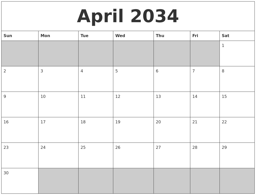 April 2034 Blank Printable Calendar