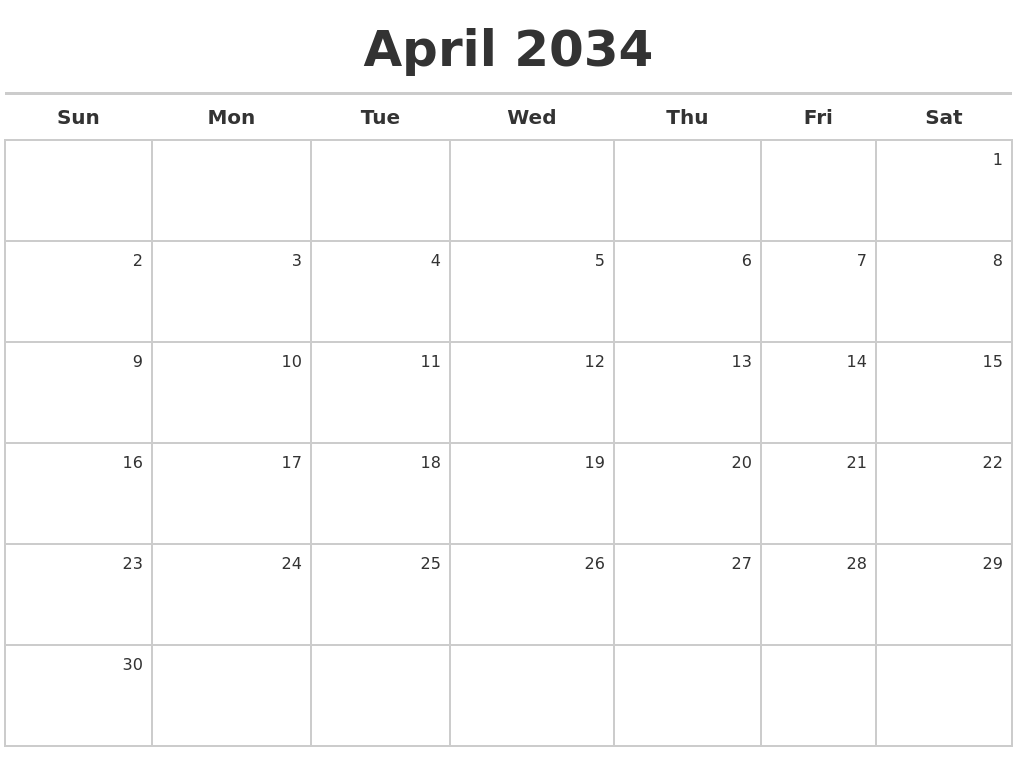 April 2034 Calendar Maker