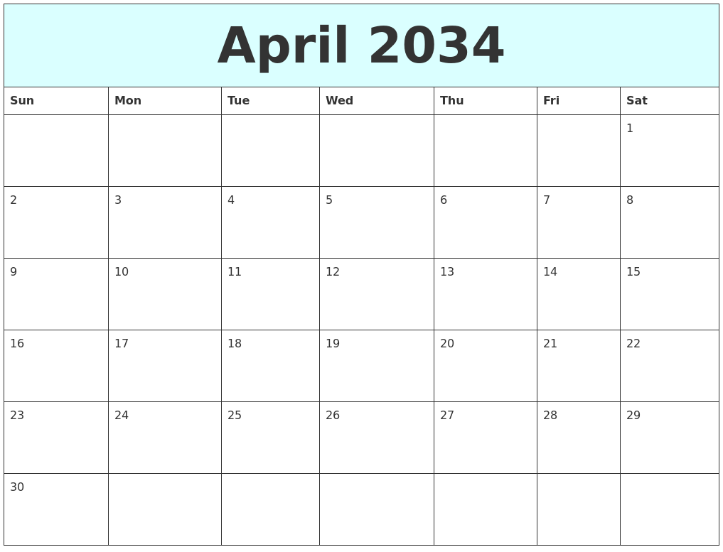 April 2034 Free Calendar