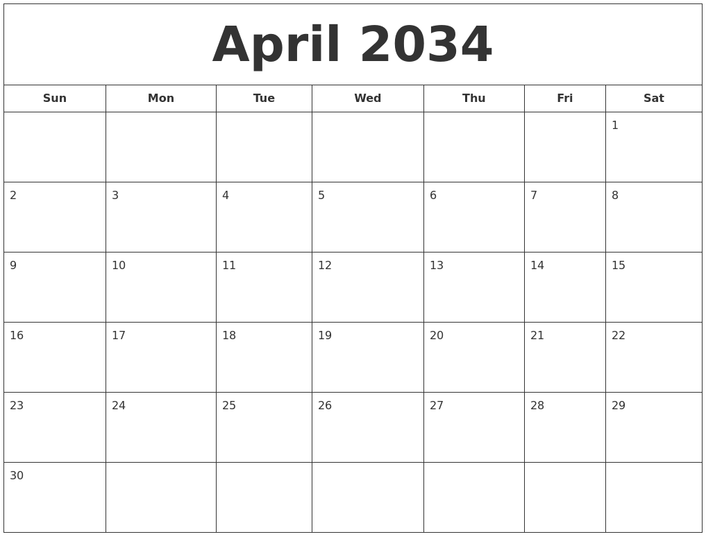 April 2034 Printable Calendar
