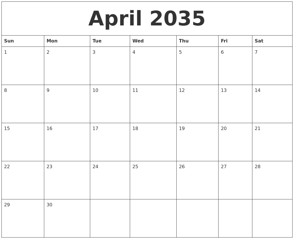 April 2035 Birthday Calendar Template