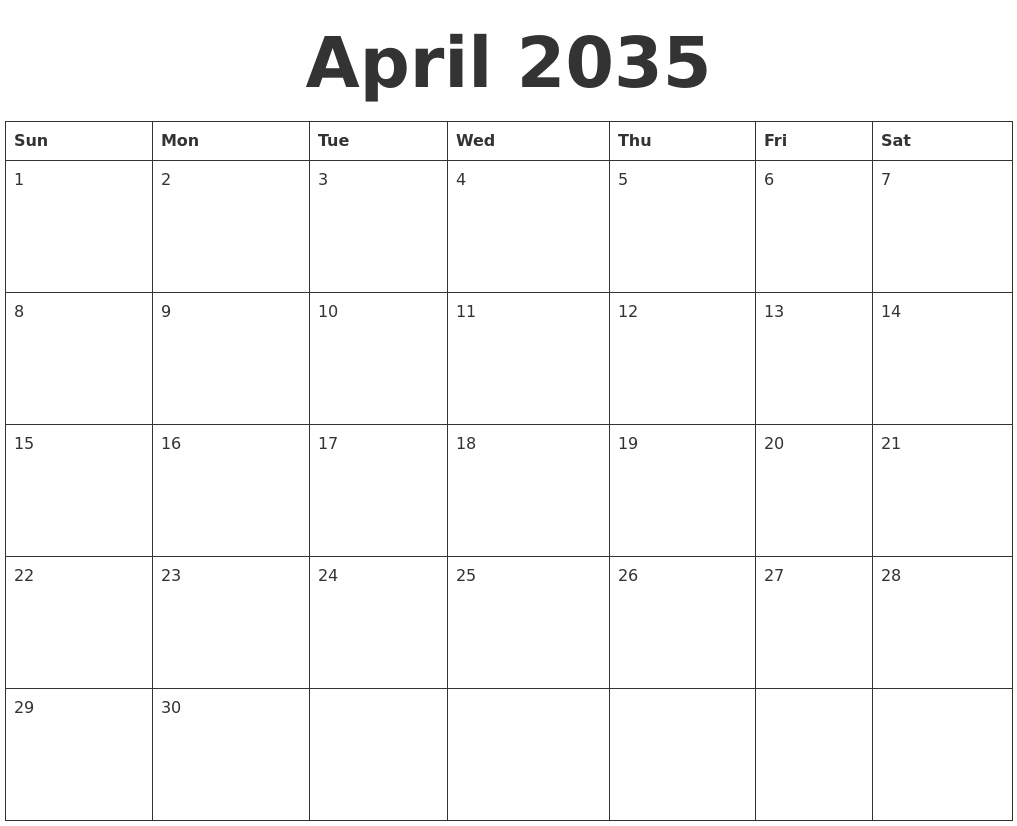 April 2035 Blank Calendar Template