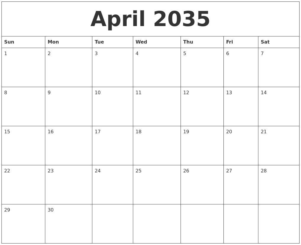April 2035 Blank Monthly Calendar Pdf