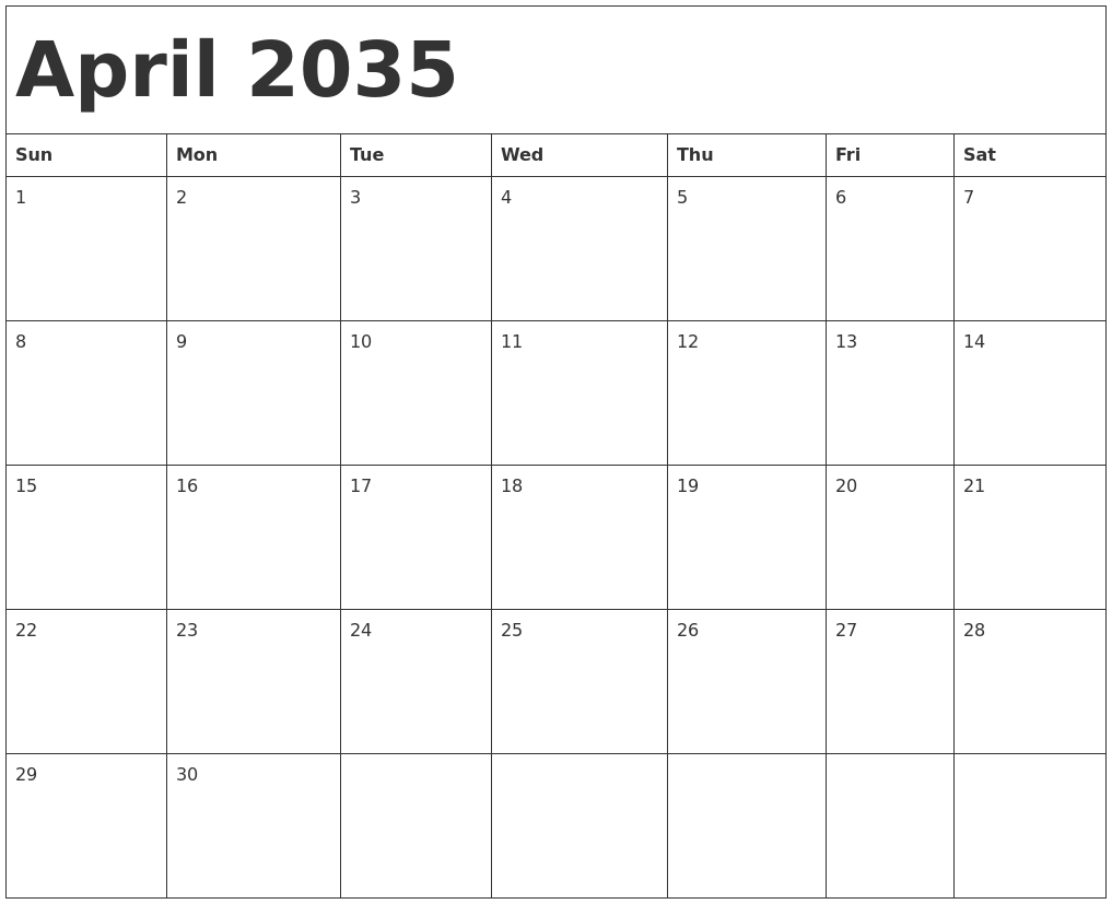 April 2035 Calendar Template