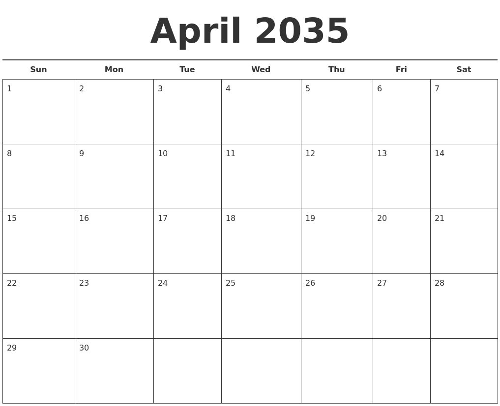 April 2035 Free Calendar Template