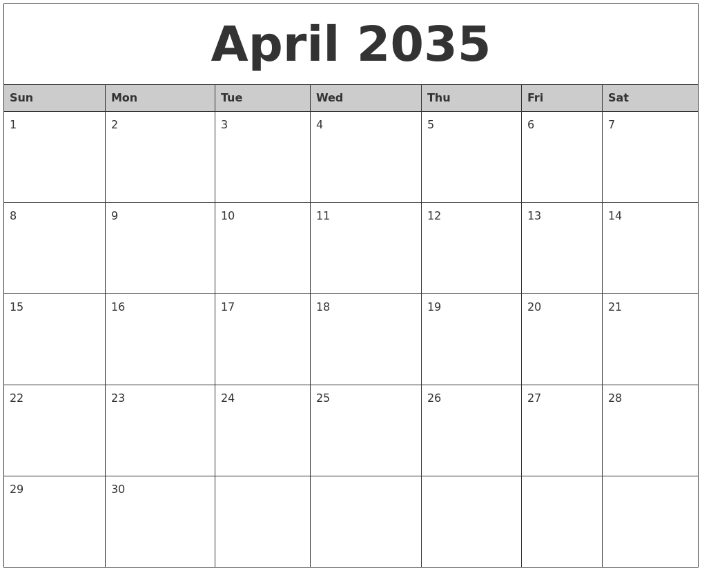 April 2035 Monthly Calendar Printable