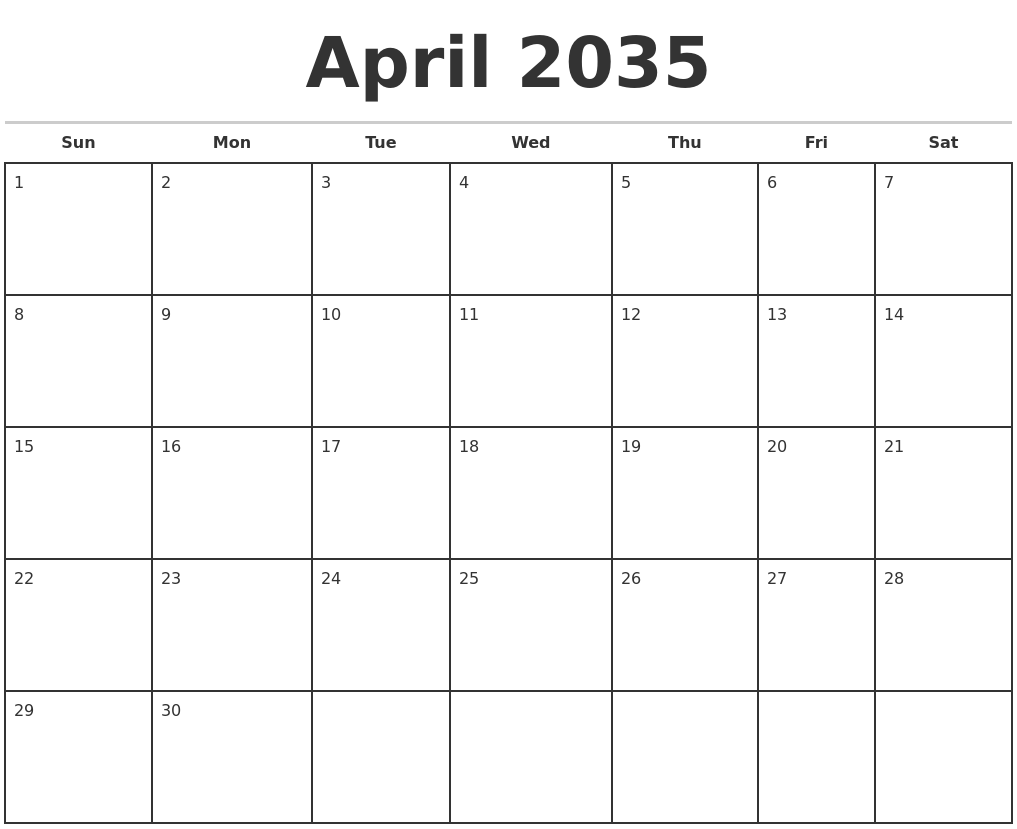 April 2035 Monthly Calendar Template
