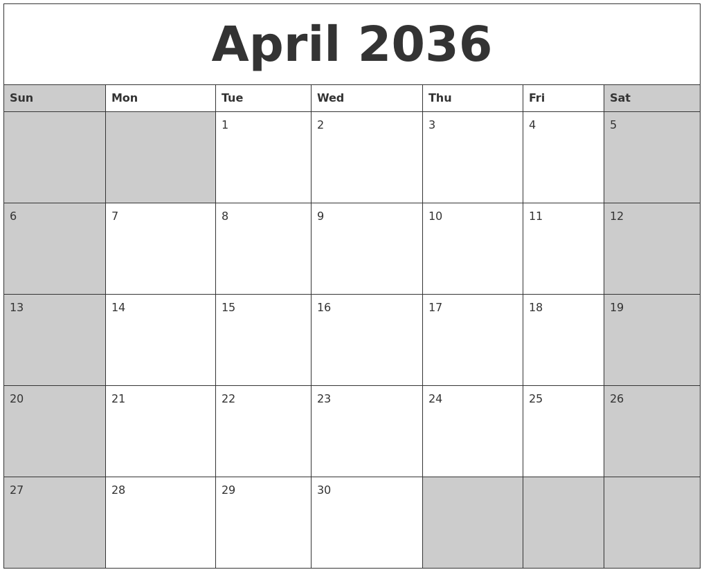 April 2036 Calanders