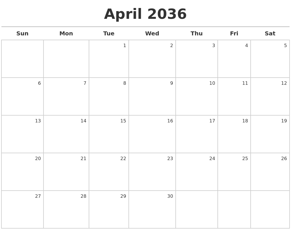 April 2036 Calendar Maker