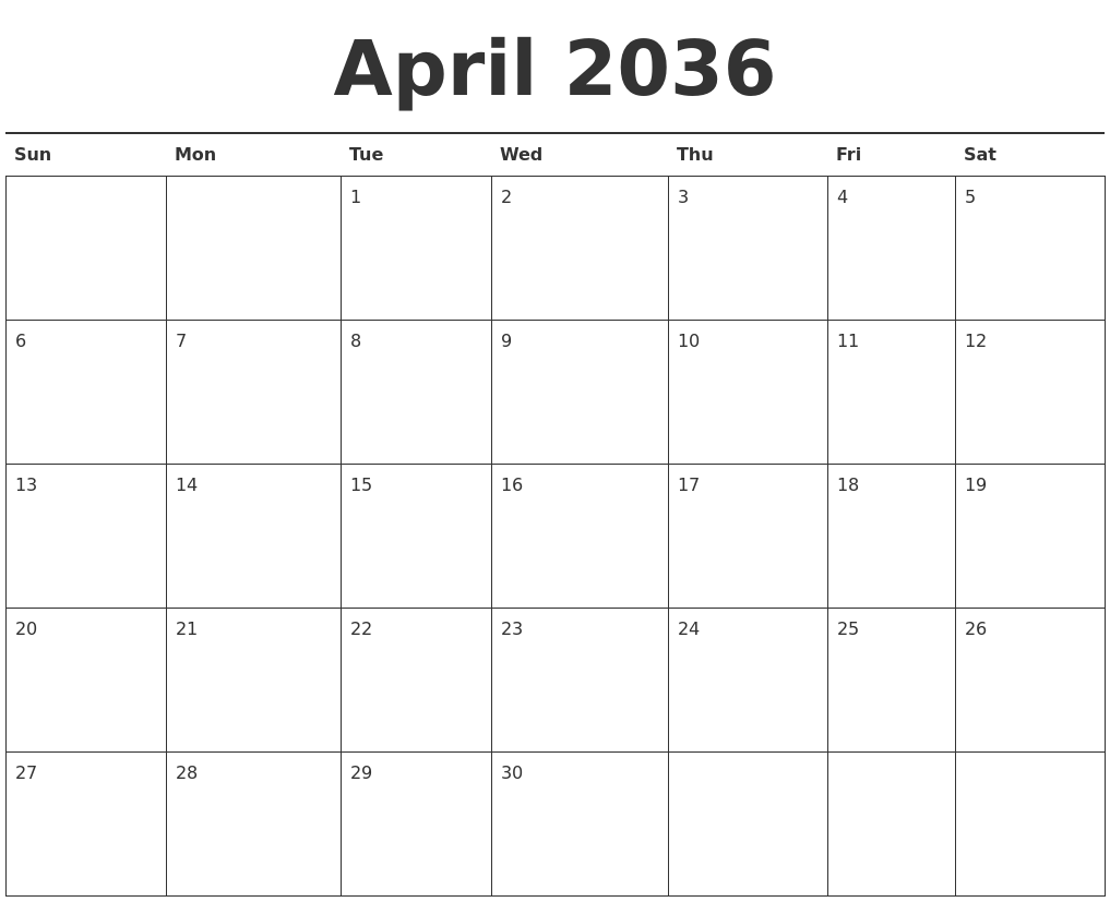 April 2036 Calendar Printable