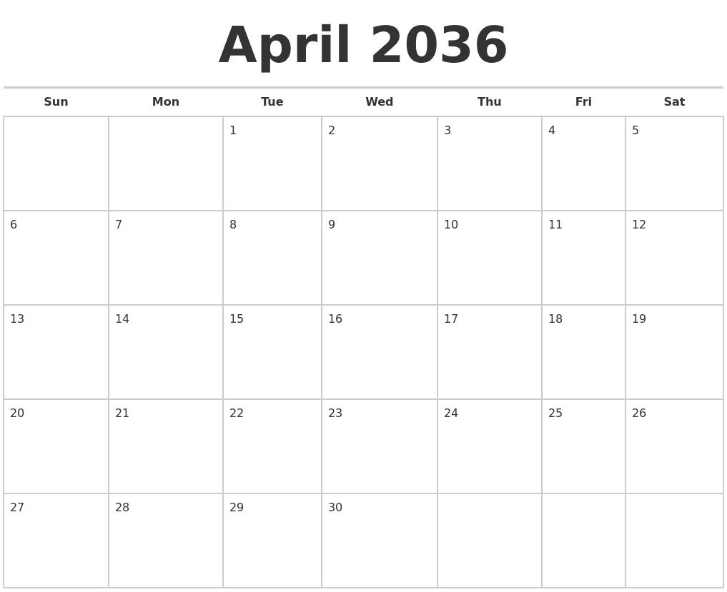 April 2036 Calendars Free