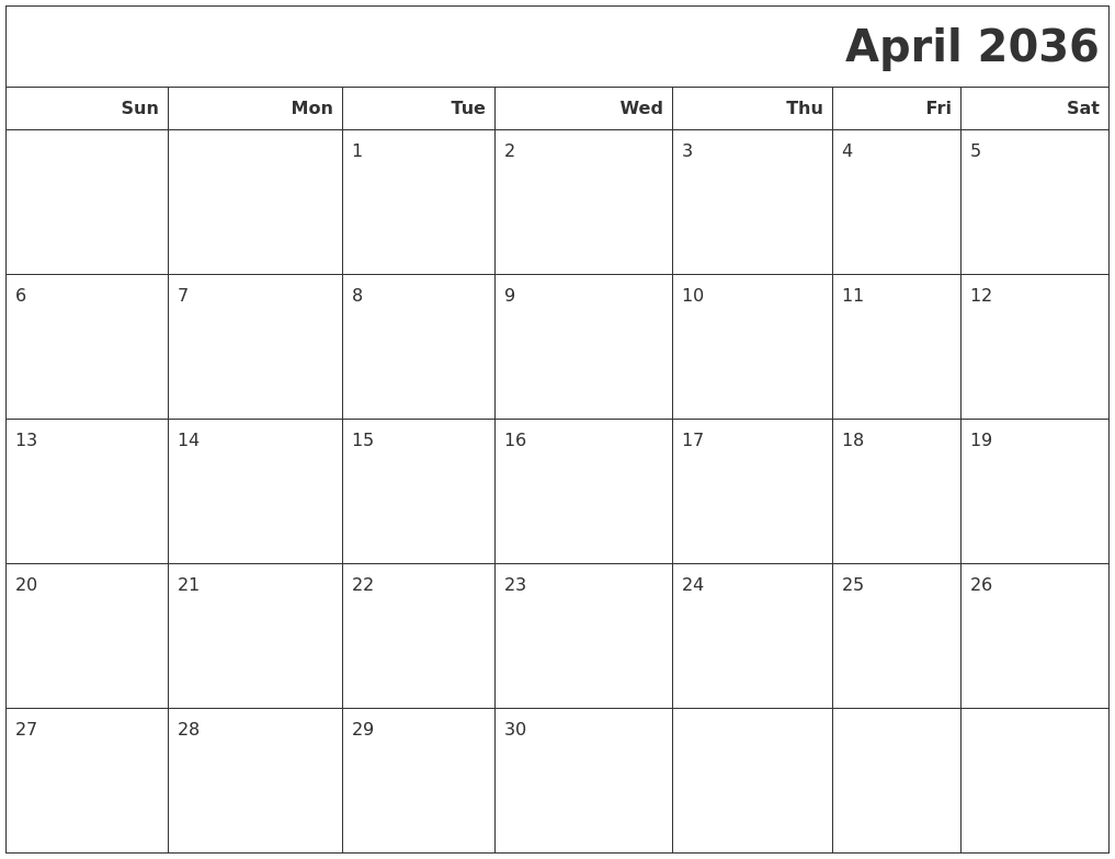 April 2036 Calendars To Print