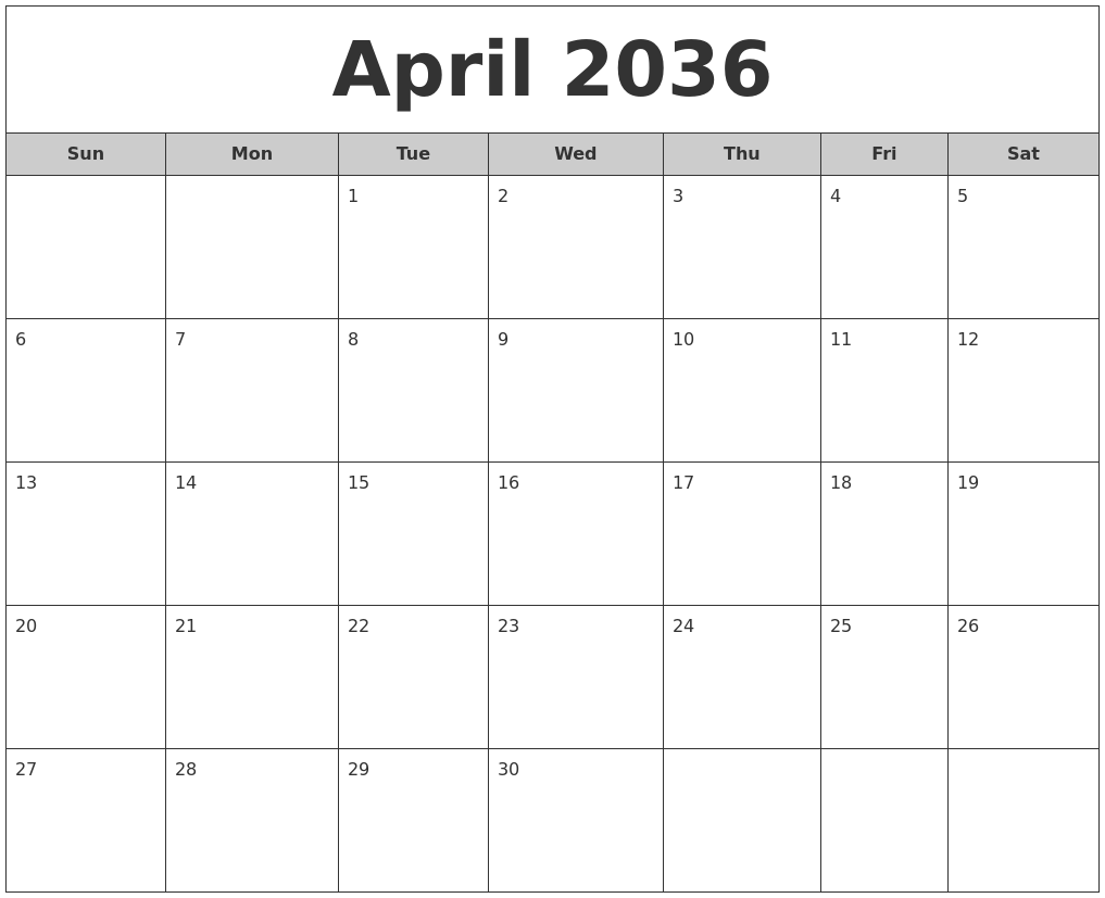 April 2036 Free Monthly Calendar