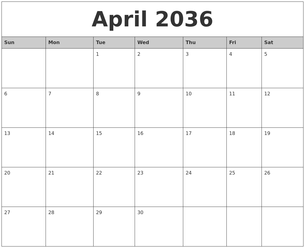 April 2036 Monthly Calendar Printable