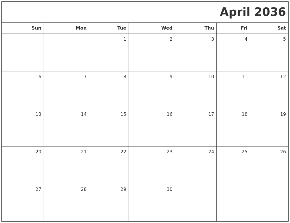 April 2036 Printable Blank Calendar