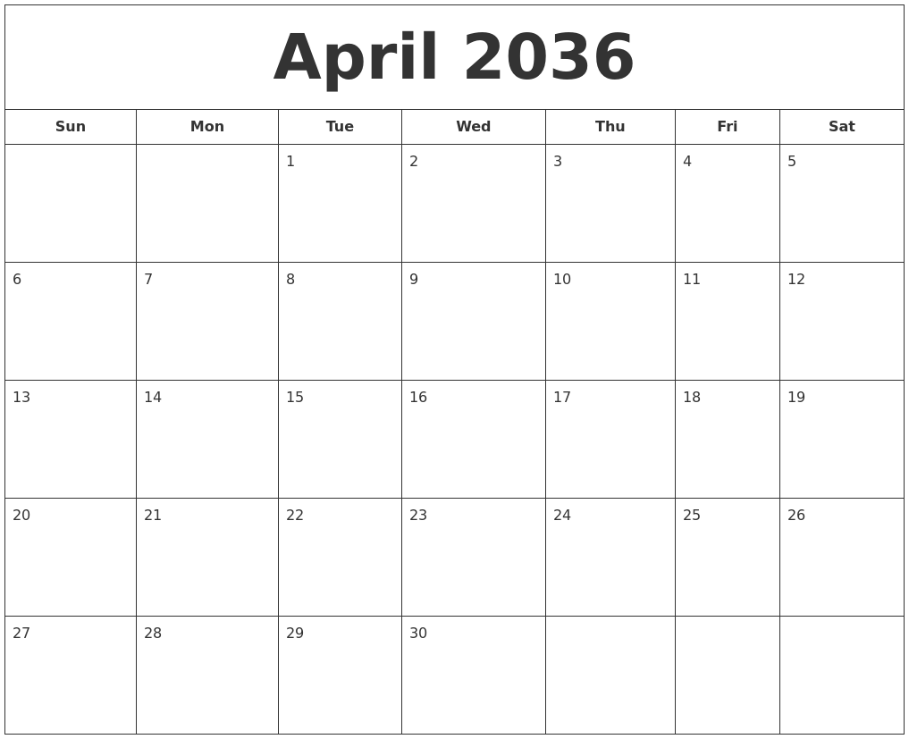 April 2036 Printable Calendar