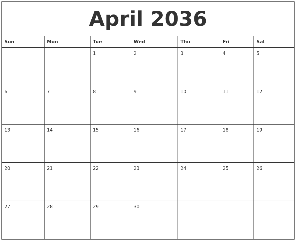 April 2036 Printable Monthly Calendar