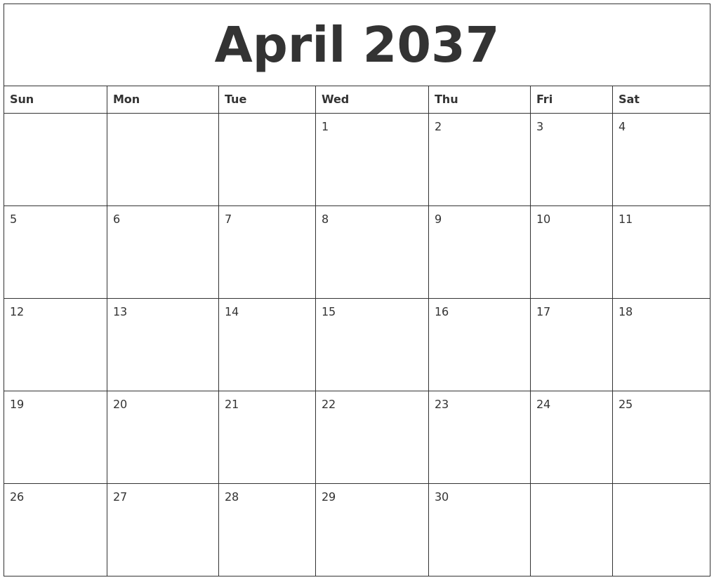 April 2037 Blank Calendar To Print