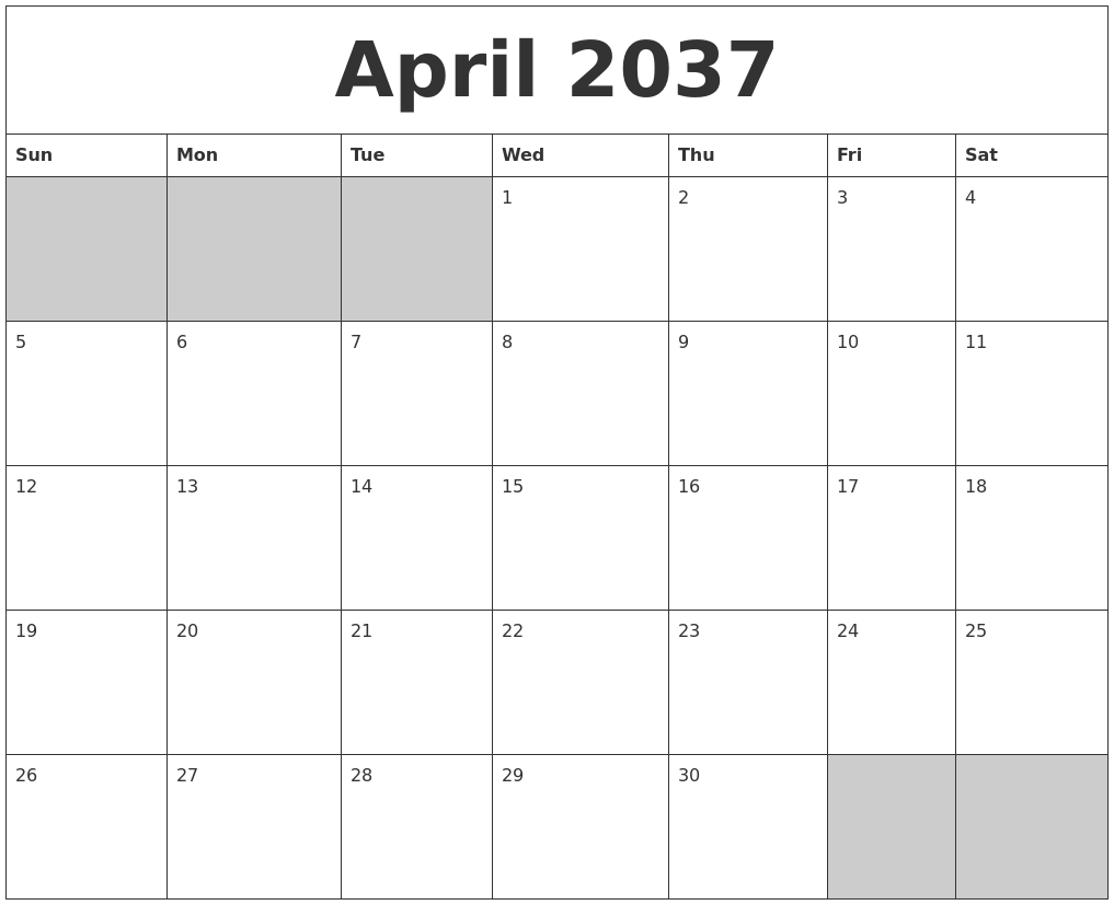 April 2037 Blank Printable Calendar