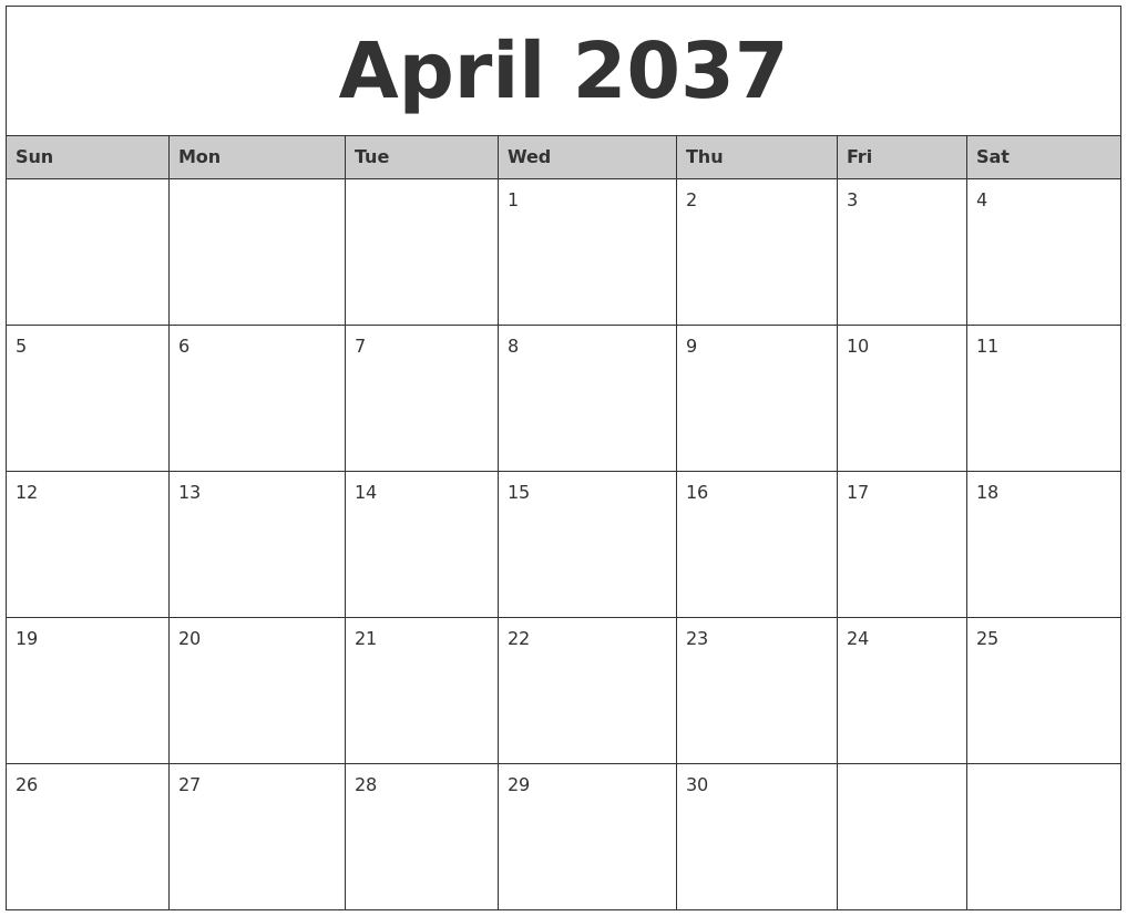 April 2037 Monthly Calendar Printable